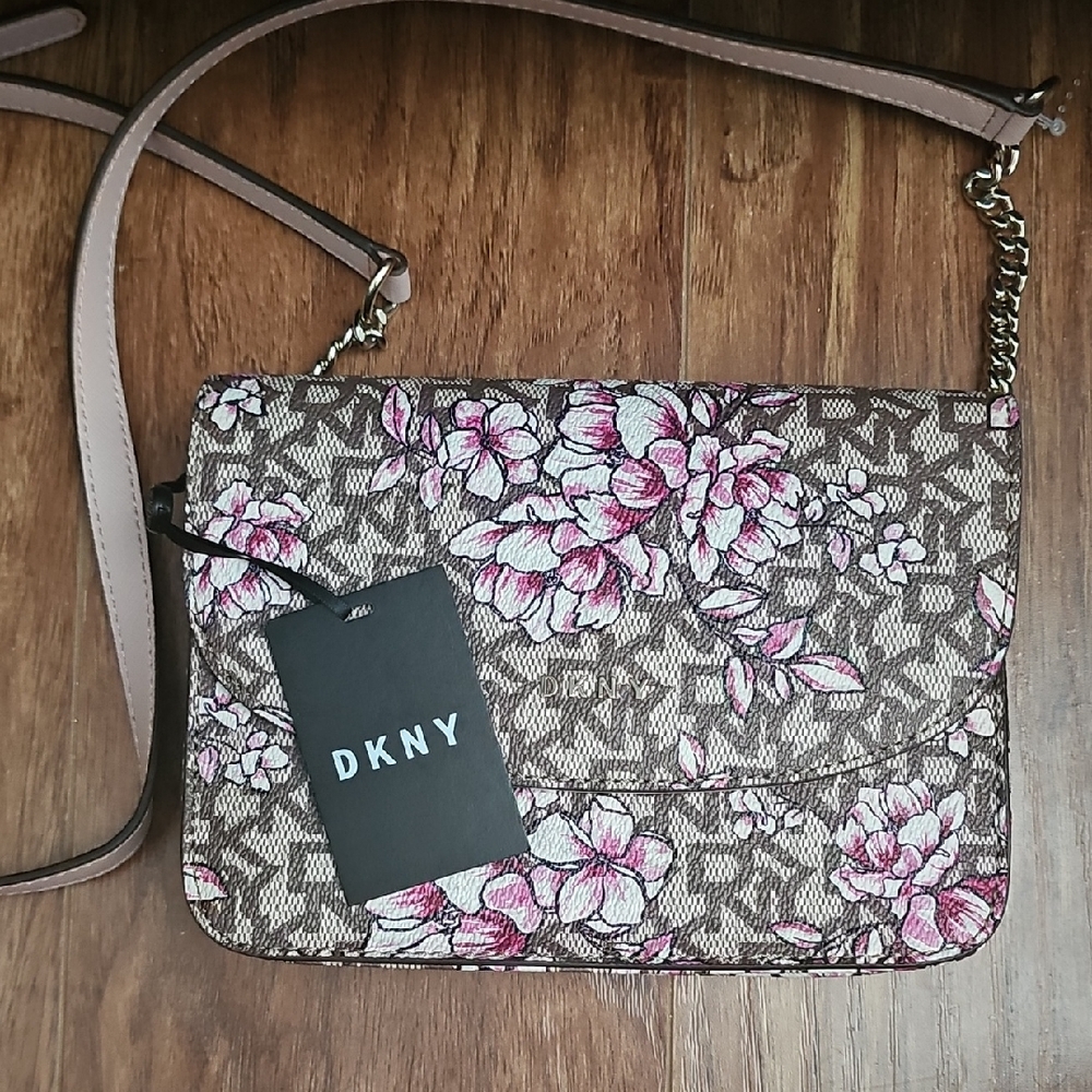 DKNY Pink Floral Logo Crossbody with Chain Strap